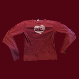 Vintage Accomplice Long Sleeve Cropped Top LOVE Heart Burgundy Shirt 90s Y2K